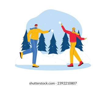 Schneebälle spielen, wenn es schneit, Urlaub mit Geschwistern verbringen, Winter-Vektorgrafik.
