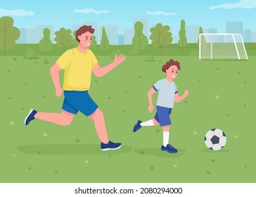 Jugar al fútbol con la ilustración vectorial de color plano de papá. Evento deportivo para la unión familiar. Actividad recreativa. Personajes de dibujos animados 2D para padre y niño con campo de fútbol de fondo