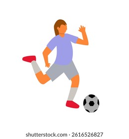 Playing soccer, the flat character kicks the ball straight ahead.