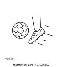 playing soccer icon, foot to kick the ball, soccer boot, football shoe, thin line web symbol on white background - editable stroke vector illustration eps10