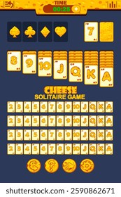 Playing solitaire game UI in Cheese themed, buttons for your Game development. Solitaire Gameplay Screen. Full set of poker playing cards