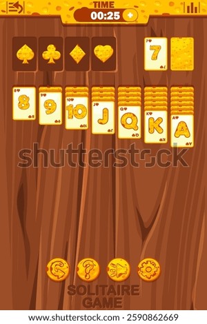 Playing solitaire game UI in Cheese themed, buttons for your Game development. Solitaire Gameplay Screen. Wooden table or background