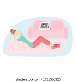 playing sports at home by video link with an instructor in cartoon style. vector