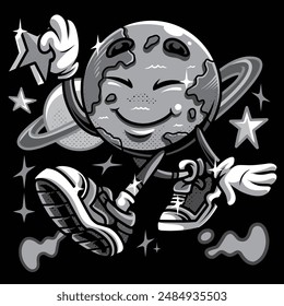 Playing with Stars Earth Retro Cartoon Black and White Illustration