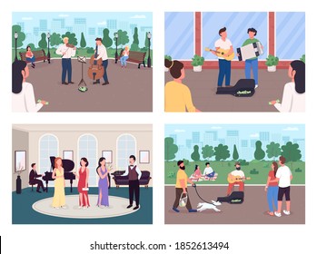 Playing street musicians flat color vector illustration set. Music concert outdoors. Earn money with concert. Musical instrument players 2D cartoon characters with audience on background collection