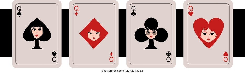 Playing suits of queen cards in anime style.