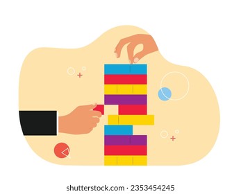 Playing table game, colorful wooden jenga with hand pulling blocks, strategy and balance. Character design. Vector flat illustration