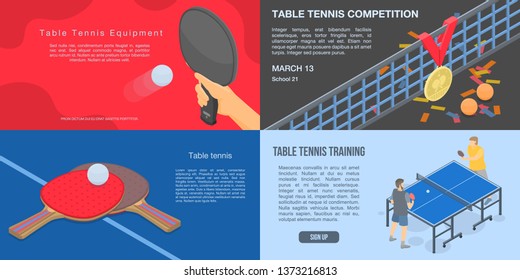 Playing table tennis banner set. Isometric set of playing table tennis vector banner for web design