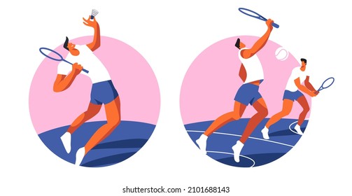 Playing tennis, badminton. Silhouettes of athletes with rackets. The figures of the players in the jump.