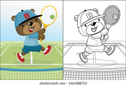 Playing tennis with cute bear cartoon, coloring book or page