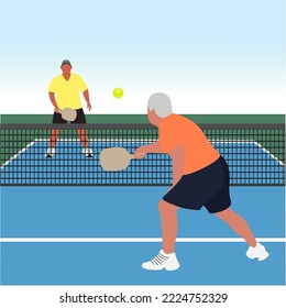 Playing tennis and pickleball. Men playing pickleball vector illuctration. Tennis court. 