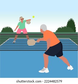 Playing tennis and pickleball. Vector illustration of elderly people playing pickleball. Leisure in retirement.