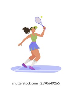 Playing Tennis. Tennis player woman with racket hits the ball. Sport and active healthy lifestyle. Flat vector illustration isolated on white background