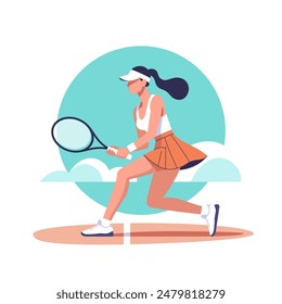 Playing Tennis. Popular sport. Female tennis player runs to hit the ball with a racket. Vector illustration.