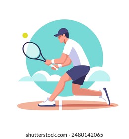 Playing Tennis. Popular sport. Male tennis player runs to hit the ball with a racket. Vector illustration.