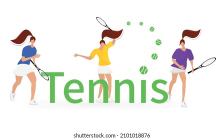 Playing tennis. Vector illustration of mini people with tennis rackets and text. Banner, poster template, website. Active healthy lifestyle