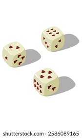 Playing Three dice with heart on a white background