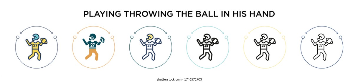 Jugando tirando la bola en su icono de mano en línea fina, contorno y estilo de trazo. Ilustración vectorial de dos juegos de color y negro que arrojan la bola en su mano los iconos vectoriales los diseños pueden 