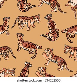 Playing tiger cubs in various poses. . Seamless animals / wildlife pattern. Vector illustration, isolated on orange background.