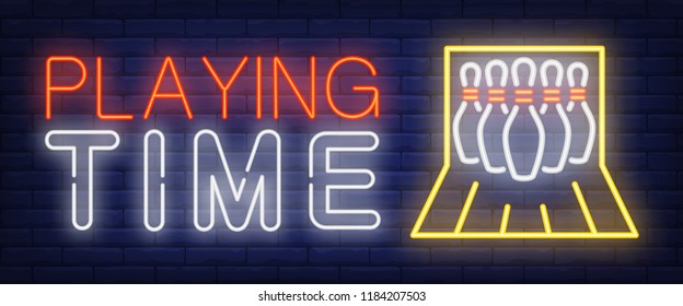 Playing time neon text with bowling pins. Bowling club and advertisement design. Night bright neon sign, colorful billboard, light banner. Vector illustration in neon style.