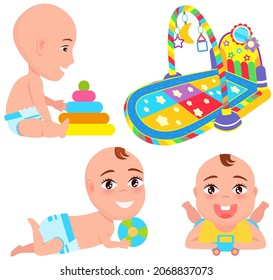 Playing with toys happy babies set near developing rug. Mat with toys and educational items for playing with child. Educational toy, interior element for children. Bright rug for baby development