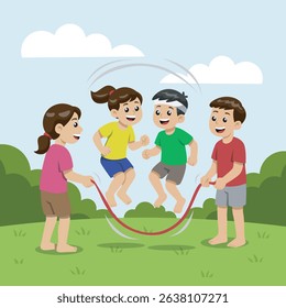 Playing traditional jump rope with friends. Traditional Indonesian games
