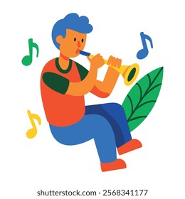 Playing trumpet, flat character illustration