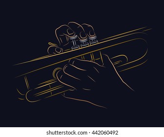 Playing trumpet. Hands holding trumpet.