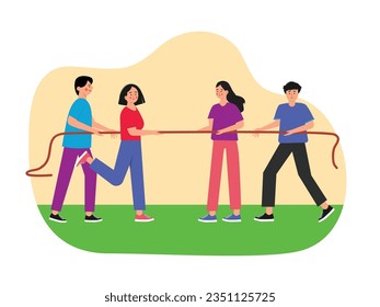 Playing tug of war with male and female friends outdoors, teamwork with strong attractive forces. Character design. Vector flat illustration