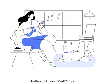 Playing ukulele isolated cartoon vector illustrations. Beautiful girl playing ukulele and having fun, home routine, relaxing mood, recharging time, musical instrument vector cartoon.