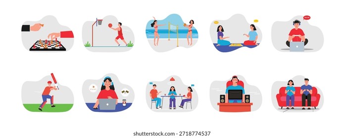 Jugando varios juegos con amigos, pasando una juventud divertida. Diseño de personajes. Ilustración plana de Vector