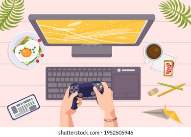 Playing video game at computer, gamer hold console controller, joystick technology, vector illustration. Leisure time for flat video game player