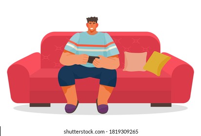 Playing video game, smiling man relaxing playing games at home sitting at comfortable sofa with joystick in hands, leisure activity at home, hobby, recreation, flat isolated cartoon character