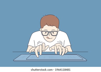 Playing video games concept. Portrait of young student playing video game crazy geek in glasses typing on keyboard vector illustration 