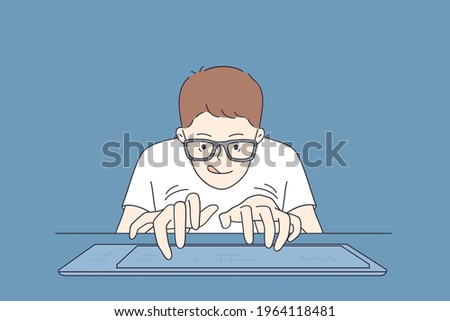 Playing video games concept. Portrait of young student playing video game crazy geek in glasses typing on keyboard vector illustration 