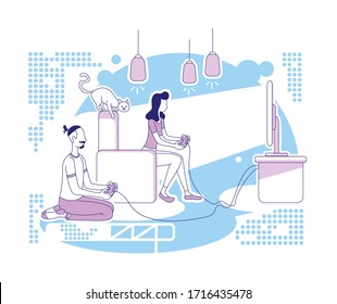 Playing video games flat silhouette vector illustration. Family spend time together, play with console controllers. Couple outline characters on blue background. Home recreation simple style drawing