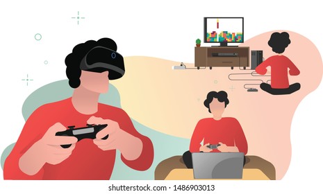 
playing video games, vector illustration