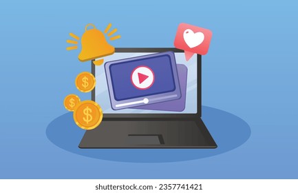 Reproduciendo video en un ordenador portátil Transmisión en vivo, Reproductor multimedia digital.en fondo azul.Ilustración de diseño de vectores.