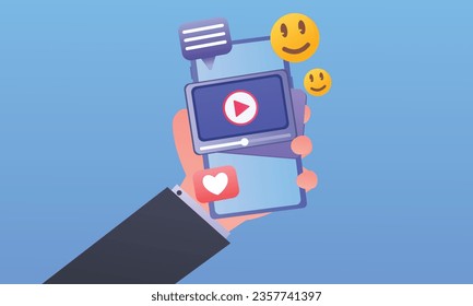playing video on mobile phone Live Streaming, Digital Multimedia Player, Online Video.on blue background.Vector Design Illustration.