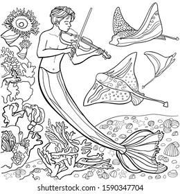 The playing the violin. Mermaid. Marine design elements could be used for coloring book. Black and white in zentangle style. Sea, fish, ramp fish. Fantasy. Vector illustration