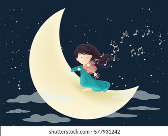 Tocando el violín en la luna en la noche con muchas estrellas - Amor y pasión por la música Ilustración vectorial