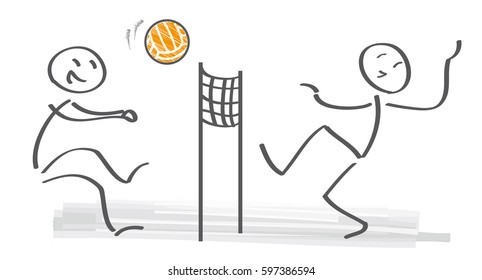 Playing Volleyball On Beach. Vector Illustration
