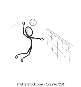 Playing volleyball. Vector simple team sports. Beach volleyball jump. Stickman no face clipart cartoon. Hand drawn. Doodle sketch, graphic illustration
