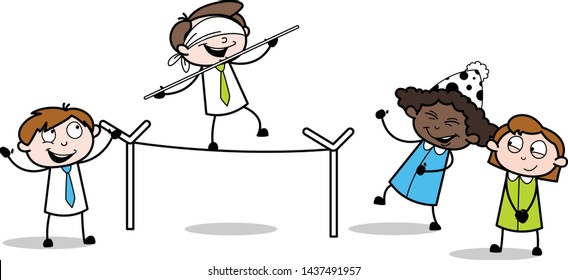 Playing and Walking on Rope - Retro Black Office Girl Cartoon Vector Illustration