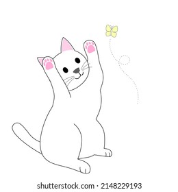 A playing white cat and flying yellow butterfly with white background
