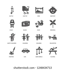 Playing, Wind Mill, Duck, Painting, Helicopter, Rattle, Chair, Happy Children, Baby mobile, Car, Crib icon 16 set EPS 10 vector format. Icons optimized for both large and small resolutions.