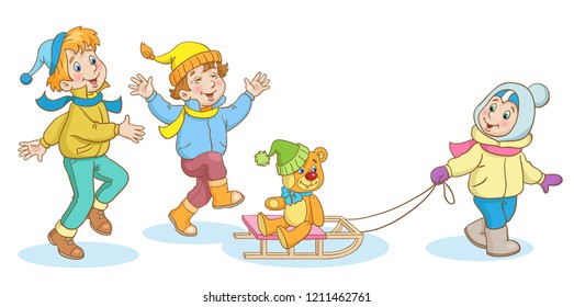 Сhildren are playing in winter. Two boys and a girl with teddy bear on the sledge.  In cartoon style. Isolated on white background. 