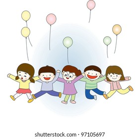 Playing Young Children with their Cute Smiling Friends on happy day on blue background