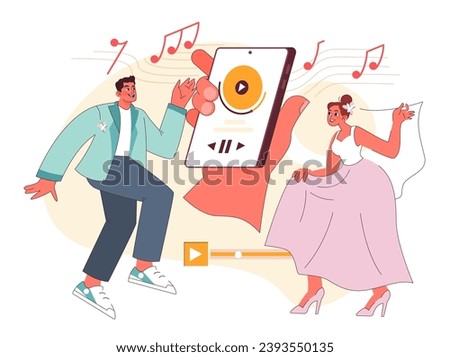 Playlist concept. Energetic duo dances joyfully near a smartphone showcasing a music app. Tuning into their favorite songs. Shared rhythm. Flat vector illustration