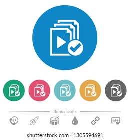 Playlist done flat white icons on round color backgrounds. 6 bonus icons included.